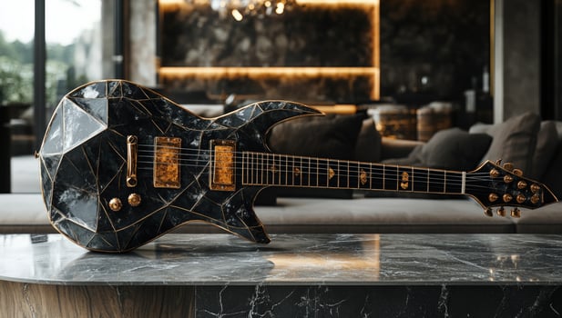 Geometric pattern electric guitar resting on marble texture photo