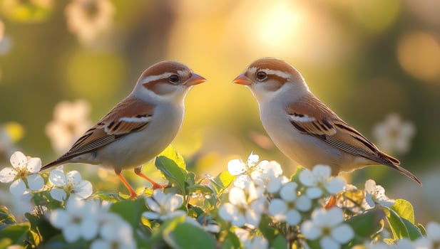 Two sparrows resting among blossoms in soft sunlight springtime wildlife photo