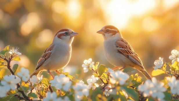 Two birds resting on flowering tree branches in golden sunlight photo