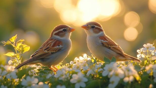 Sparrow among white flowers bird in sunlight calm natural wildlife scene photo