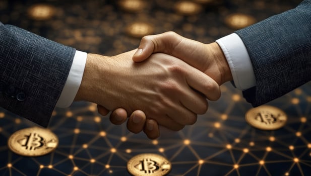 Business handshake and financial network connection concept photo