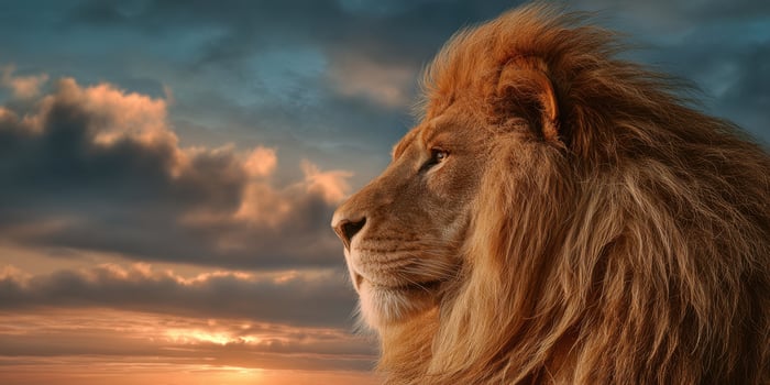The majestic lion gazing at the beautiful sunset on the horizon. photo