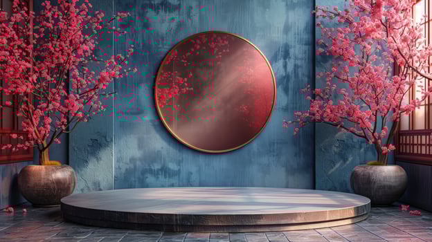 Elegant product display platform with blossoming trees and decorative panel photo