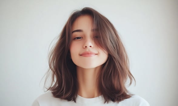 Woman smiling, shoulderlength hair, white background, portrait photo