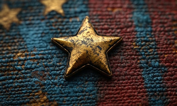 Gold star on textured red and blue abstract background macro photo