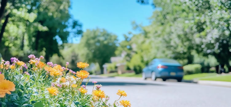 Sunny street, flowers, car. Residential area photo