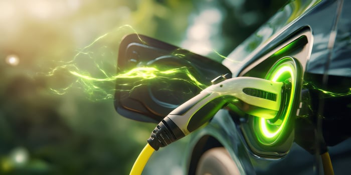 The electric car charging with a futuristic energy connector in nature. photo