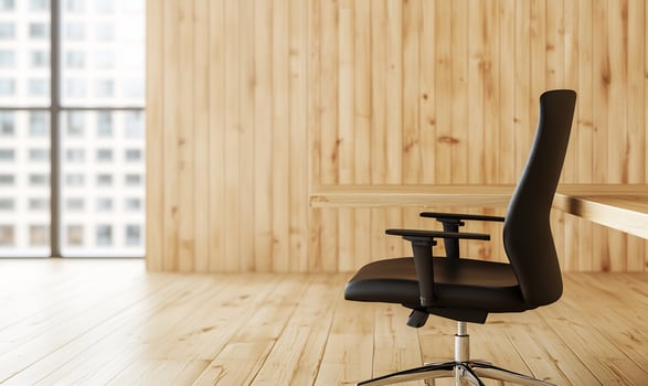 Modern office chair, wood wall, city view photo