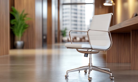 Modern office chair, wood desk, city view photo