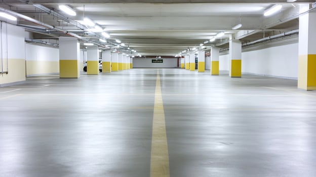 An empty parking garage with yellow and white walls photo