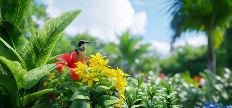 Hummingbird on tropical flowers, lush garden photo