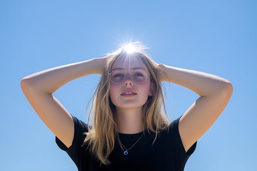 Teen girl, sunny day, outdoors, hair up, clear sky, summer portrait photo