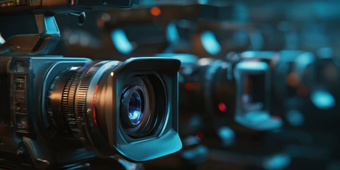 The camera lenses lined up showcasing advanced videography technology in a studio setting. photo