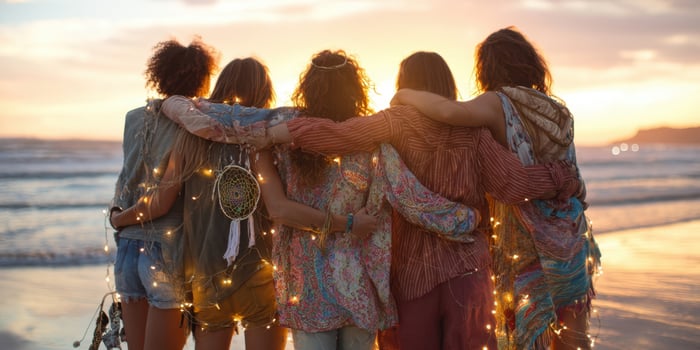 The Celebration of Friendship at Sunset by the Beach with Twinkling Lights photo