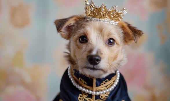 Dog prince, pastel backdrop, regal attire, pet portrait photo