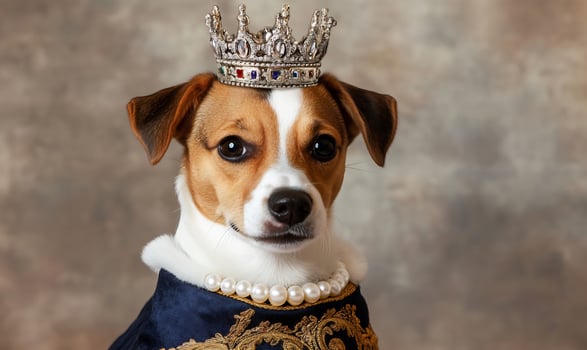 Regal dog portrait jeweled crown, pearls textured backdrop pet fashion photo