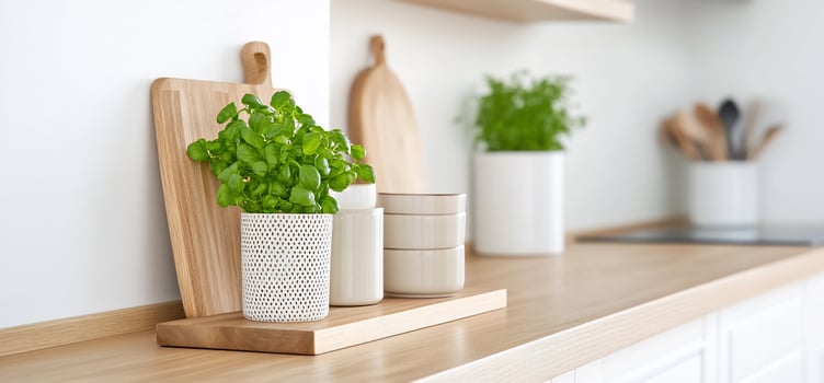 Modern kitchen countertop with basil, herbs, and wood photo