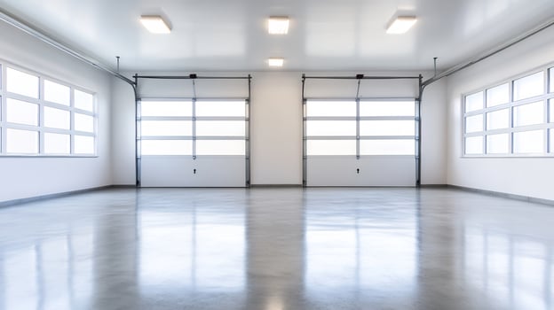 Empty garage, two doors, bright interior, polished floor, storage photo