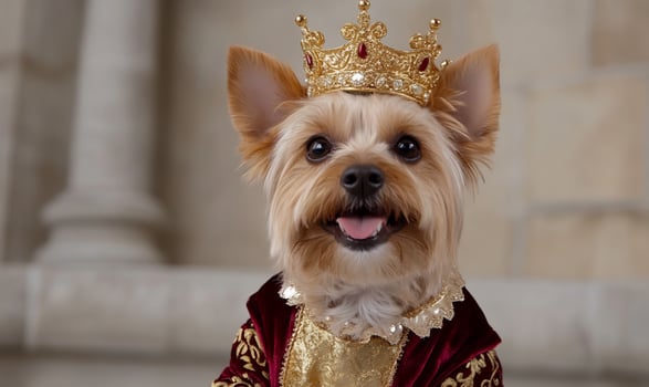 Yorkie dog king costume palace throne photo