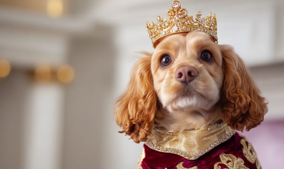 Puppy King in regal attire, indoor setting photo