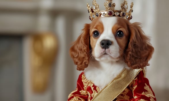 Cavalier King Charles Spaniel puppy king costume indoor fireplace photo