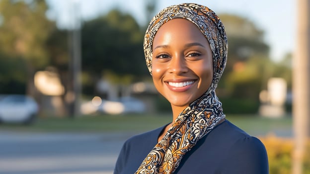 Smiling woman hijab outdoors, sunny day, blurred background, portrait photo