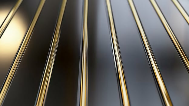 Abstract gold and black stripes converging, background blur, design texture photo