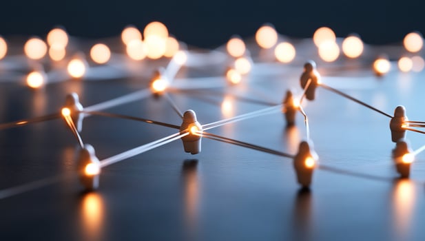 Network connection, glowing nodes, dark background teamwork concept photo