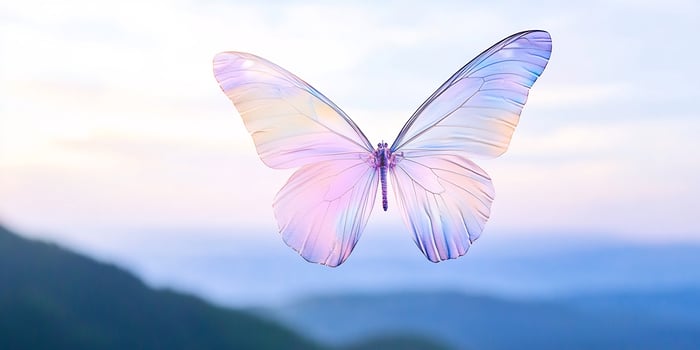Pastel butterfly flies over misty mountains at sunrise. Peaceful nature scene photo