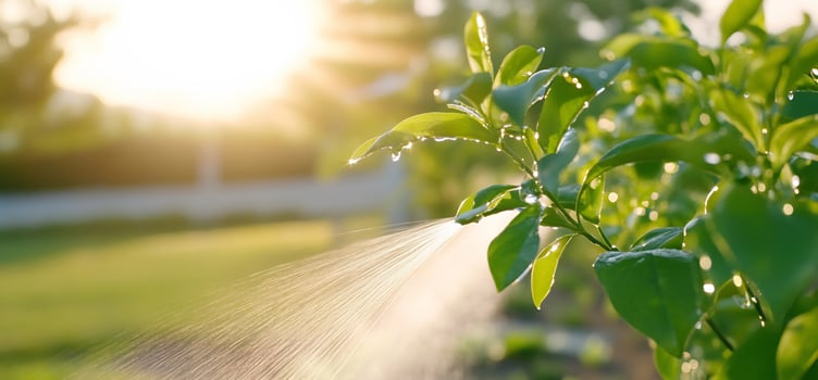 Sunset garden watering, green leaves, backyard photo