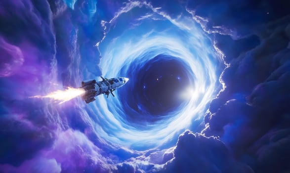 Rocket entering wormhole, cosmic clouds, space travel, science fiction art photo