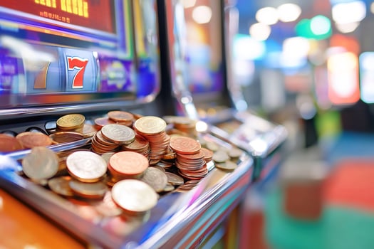 Casino slot machine win, coins payout, blurred background, gambling photo