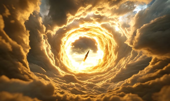 Rocket launch through fiery clouds, sunlit sky. Space exploration concept photo