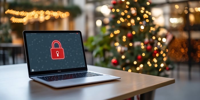 Online Security Laptop with lock icon near Christmas tree photo