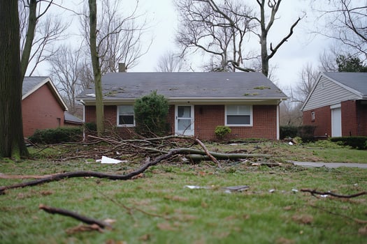 Suburban house storm damage, debris, winter photo