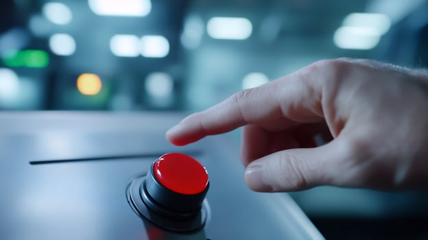 Hand pressing red button, control panel, factory, blurred background, industrial automation photo