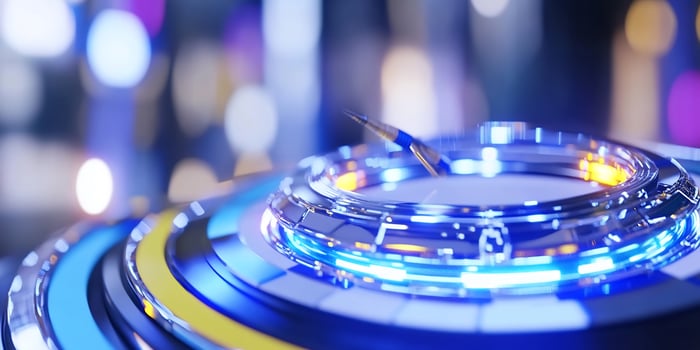 Futuristic compass, city night, bokeh. Website design photo