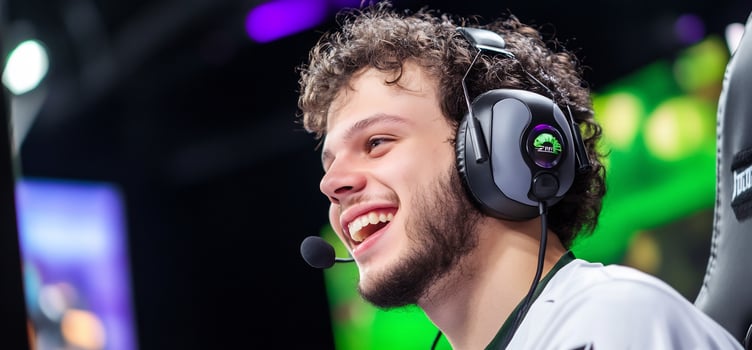 Gamer smiling, tournament, arena, victory photo