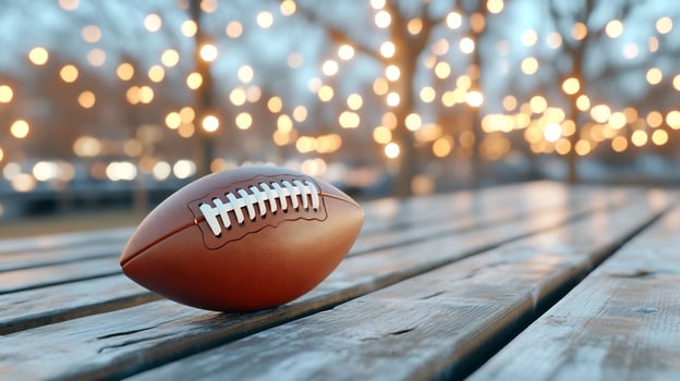 Football on park bench, night lights photo