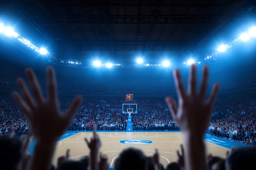Cheering fans at basketball game, arena lights photo