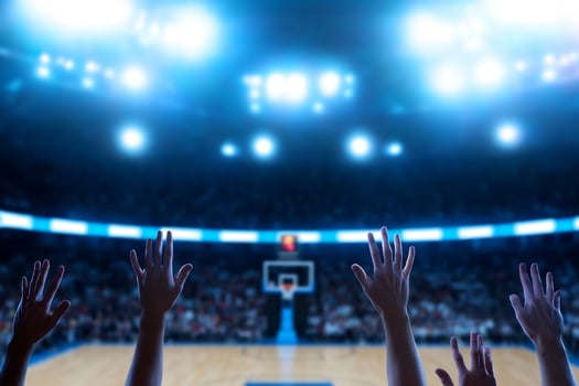 Cheering fans at basketball game, arena spotlights photo