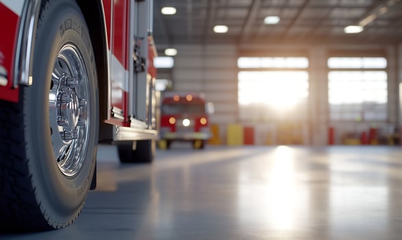 Firetruck in station, sunset, emergency response photo