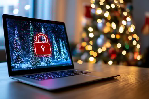 Festive online security laptop screen shows lock icon, Christmas tree background photo