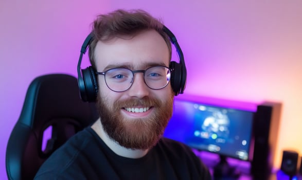 Gamer smiling, headphones, purple room, PC setup, streaming photo