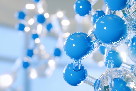 Blue molecule model, lab background, science research photo