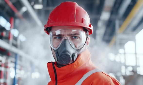 Worker in refinery, safety gear, industrial background, safety photo