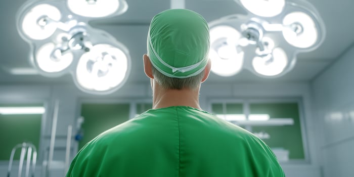 Surgeon in OR, facing lights, medical background, surgery prep photo