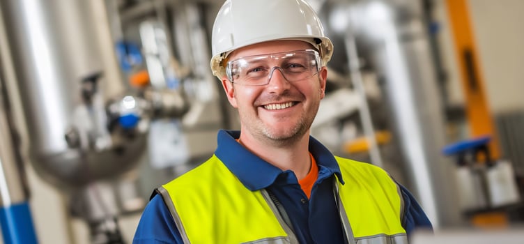 Smiling engineer in factory, industrial background photo