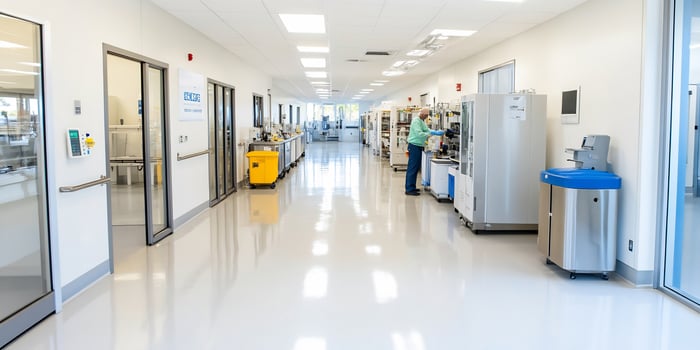 Scientist in lab corridor, equipment, bright photo