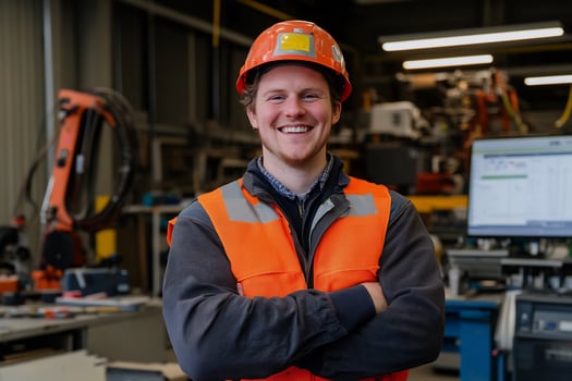 Smiling engineer in factory, robotic arms background, industrial portrait photo